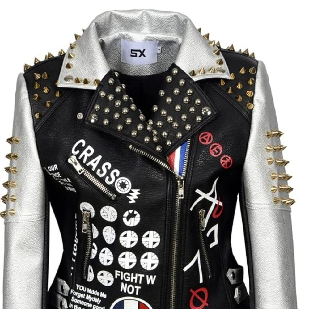 SX Women's Punk Tassels Faux Leather Jacket Floral Embroidered Moto PU Coat
2xl